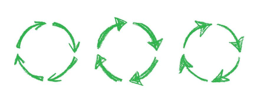 Set of hand drawn recycle arrow icon Recycling resources symbol Reuse of materials, zero waste, green environment, saving the planet recycling emblem vector