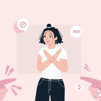 A confident woman with crossed arms says NO while surrounded by people trying to influence her. This image represents the importance of setting boundaries and asserting one self. vector