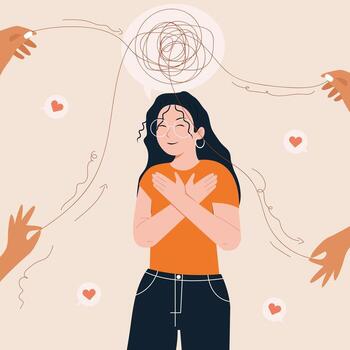 A person embraces themselves while surrounded by caring hands and hearts, representing the importance of a strong support system. vector