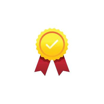 minimalist illustration of a gold medal or approved icon with a red ribbon and a checkmark. This clean, flat design is great for concepts of quality, trust, and a seal of approval vector