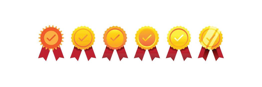 A modern illustration showing a set of six different approved or medal icons. This flat design with red ribbons and gold colors is ideal for concepts of quality, achievement, and certification vector