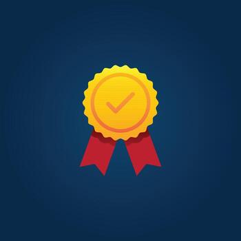 A simple illustration of a gold medal or approved icon with a red ribbon and a checkmark on a dark blue background. This flat design is great for concepts of quality, trust, and certification vector