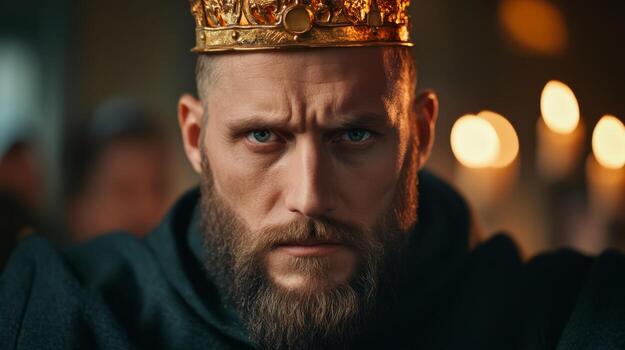Majestic king with a golden crown gazing intensely amidst flickering candlelight in a medieval setting photo