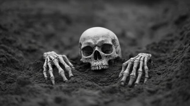 A black and white photo of a skull with hands