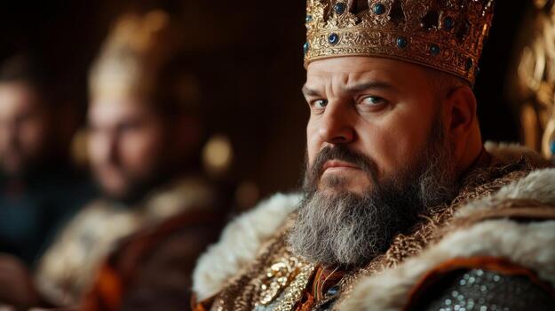 King seated on his throne in a lavish hall, displaying authority and elegance during a royal gathering with advisors photo