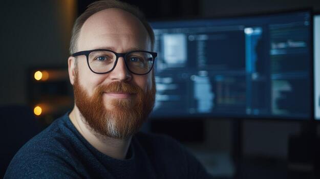 A man with a beard and glasses smiles confidently while seated in a modern home office. Two computer screens display coding and digital content, illuminated in the evening light photo