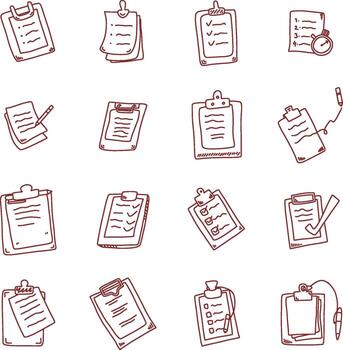 Hand drawn checklist and clipboard icons illustration with documents, notes, tasks, forms and writing symbols for office and business design vector
