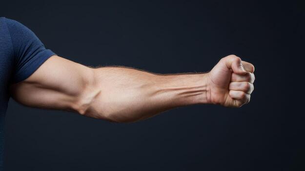 Strong male arm flexing and showcasing muscular definition against a dark background in an energetic fitness setting photo