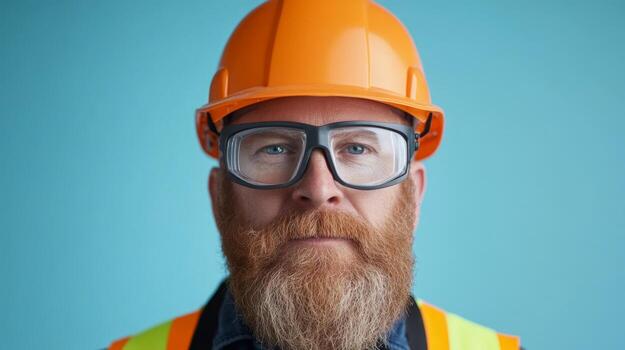 Construction worker with safety gear poses confidently on a blue background in a bright setting showcasing his professionalism and commitment photo