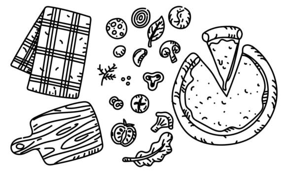 Pizza dough set, ingredients, board, fabric in the form of scribbles. Round dough with a cut-out piece, various toppings to add. Picnic. Engraving, line, monochrome scribble pattern. Hand-drawn vector