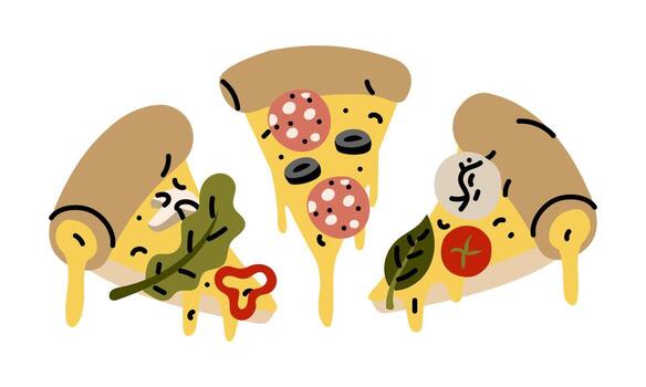 Three pieces of triangular pizza in semicircle. Stretching cheese, various toppings. finished pizza is sliced, hangs vertically. flat color illustration with doodle lines. Marketing an Italian pizzeri vector