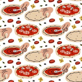 Pattern from pizza-making process. chef uses his hands to spread the dough, pour sauce, add the ingredients. flat color illustration with doodle lines in a seamless texture. The pizza-making process vector