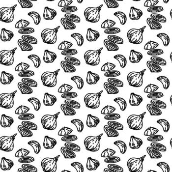 pattern with onions and garlic in a scribble style. Whole and chopped vegetables. An engraving, a monochrome hand-drawn pattern with a seamless texture. Pieces and whole heads in a mix. spice vector