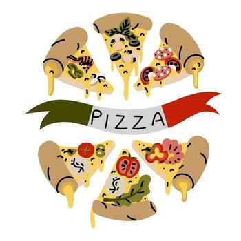 ribbon with the colors of the Italian flag and the text PIZZA, slice of pizza separated by ribbon. pizza with different toppings, slices. Green, white, red. flat color illustration with doodle lines vector