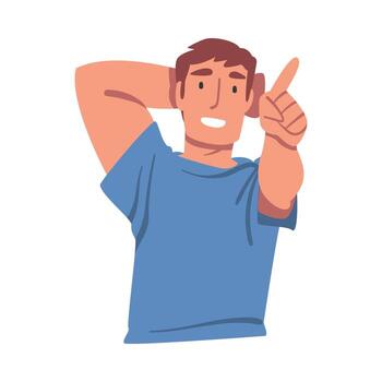 Top View of Lying Young Man, Smiling Man Lying on Isolated White Background Looking Up and Pointing with his Finger Illustration vector