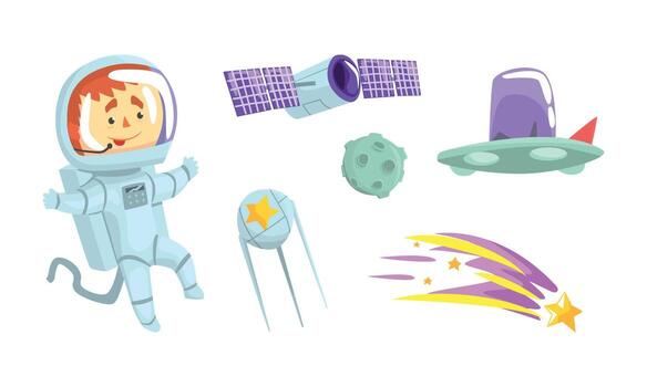 Astronaut in Spacesuit and Flying Satellite Set vector