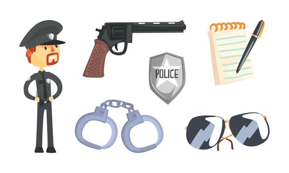 Policeman Symbols and Attributes with Handcuffs and Shiny Button Set vector