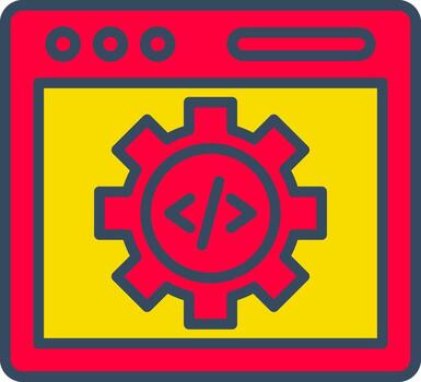 A red and yellow icon of a computer with gears vector