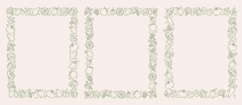 Set of three hand drawn frames with fruits, vegetables, and berries. Ready-to-use decorative borders for menus, packaging, invitations, and food design vector
