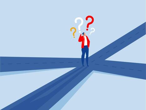 confusing businessman looking at multiple road with question mark and thinking which way to go. irection, choosing options or multiple path, make decision for career path vector
