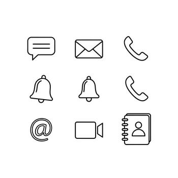 A set of outline icons for communication and contact methods, including messages and phone calls vector
