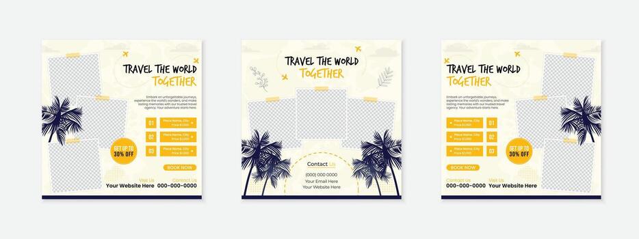 Three social media post templates with a beach theme and palm trees vector