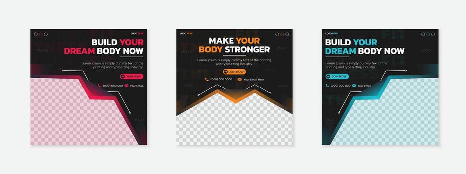 Fitness social media posts with motivational text and abstract design elements vector