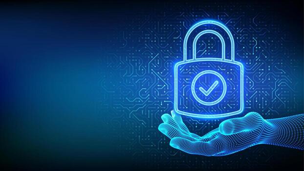 candado icono. la seguridad cibernética. datos proteccion. candado con cheque marca icono en estructura metálica mano. red seguridad. información intimidad idea.circuit tablero modelo. tarjeta de circuito impreso impreso circuito textura. vector