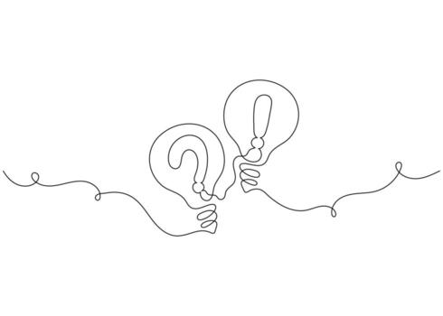 One line drawing of light bulb with question and exclamation marks. Minimal continuous line art illustration. Creative idea and problem-solving concept. vector