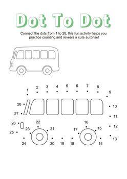 Dot to Dot Bus Worksheet, Connect the Dots Counting Activity for Kids vector