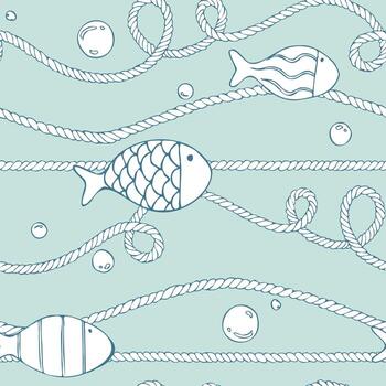 Nets with floats, sea twisted ropes and small fishes on a background of soft green sea tone, airy and nautical. Hand drawn linear illustration with ink. Seamless pattern vector