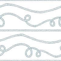 Long horizontal ropes with loose coils and knots, airy spacing on white. Hand-drawn ink line art illustration. Seamless pattern for wrapping tissue, washi tapes and header strips. vector