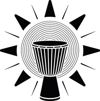 Stylized Djembe Drum with Sunburst and Concentric Circle Background in Black and White vector