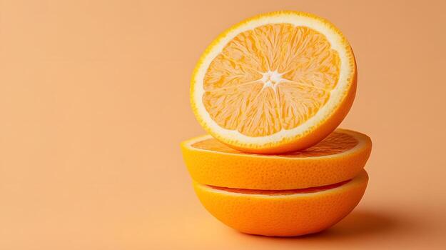 Stacked orange slices are brightly displayed against a smooth background in a simple and clean composition. photo