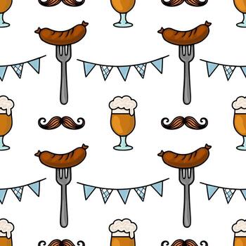 Seamless pattern featuring Oktoberfest elements beer mugs with foam, grilled sausages on forks, and Bavarian mustaches, all playfully arranged against a white background. vector