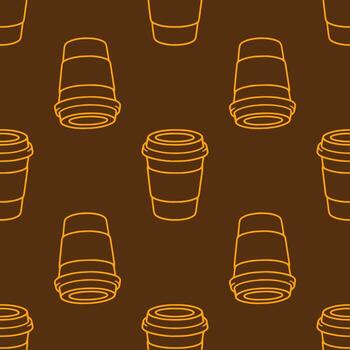 Seamless pattern of orange outline coffee cups on a brown background, ideal for cafe branding or packaging design. vector