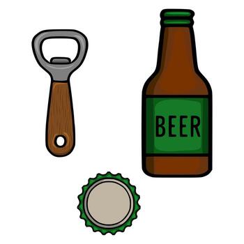 A whimsical illustration featuring a beer bottle, bottle opener, and cap, rendered in a cartoon style with bold outlines and a playful color palette. vector