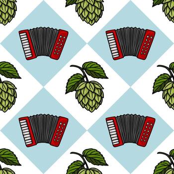 sin costura modelo presentando un rojo acordeón y verde salto conos en un ligero azul y blanco diamante fondo, ideal para Oktoberfest diseños o con temática de cerveza proyectos vector