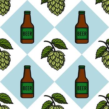 Seamless pattern featuring handdrawn illustrations of beer bottles and hops on a light blue and white diamondshaped background, ideal for Oktoberfest designs. vector