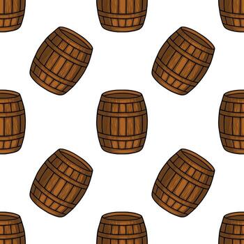 Seamless pattern of brown wooden barrels, a rustic and charming illustration perfect for Oktoberfest or pub themes, featuring detailed wood grain texture and a repeating design. vector