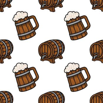 Seamless pattern featuring handdrawn illustrations of wooden beer mugs filled with frothy beer and wooden barrels with taps, creating a rustic and festive Oktoberfest vibe. vector