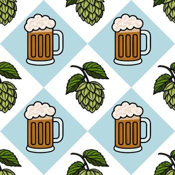 Seamless pattern featuring mugs of beer and hops, designed with a light blue diamond background for Oktoberfest or brewerythemed projects. vector