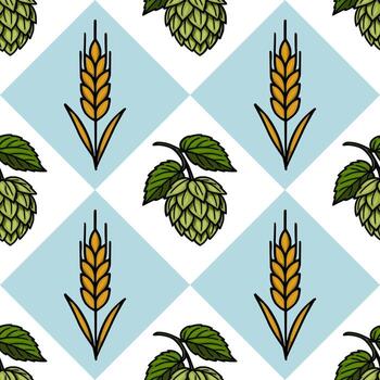 Seamless pattern featuring handdrawn illustrations of wheat and hops, arranged on a light blue diamondshaped grid against a white background, ideal for brewery branding or Oktoberfest desi... vector