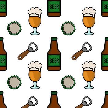 Seamless pattern featuring handdrawn beer bottles, glasses with foam, bottle openers, and bottle caps, creating a cheerful and festive design perfect for Oktoberfest celebrations or brewery... vector