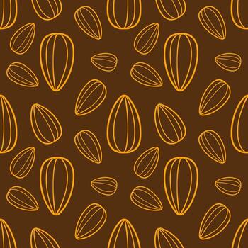 Seamless pattern of stylized orange sunflower seeds on a dark brown background, creating a minimalist and organic texture ideal for various design applications. vector