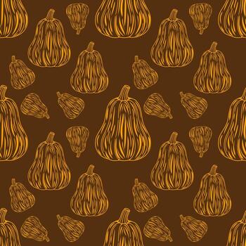 Seamless pattern with handdrawn orange pumpkins on a brown background, featuring a unique striped texture and varying pumpkin sizes for a charming autumnal design. vector