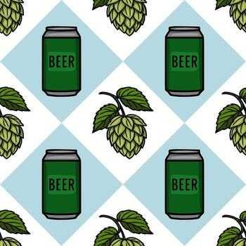 Seamless pattern featuring handdrawn illustrations of beer cans and hops, arranged on a light blue diamondshaped background, creating a refreshing and vibrant design perfect for brewery br... vector