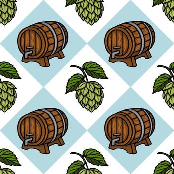 Seamless pattern featuring handdrawn illustrations of wooden beer barrels and hops on a light blue diamondshaped background, creating a rustic and festive design ideal for Oktoberfest or b... vector