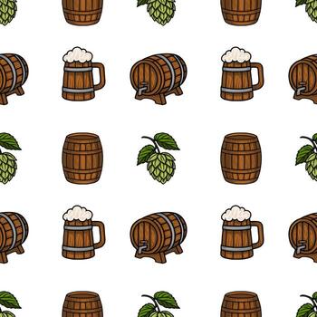 Seamless pattern featuring handdrawn wooden beer mugs, barrels, and hops, creating a rustic and festive Oktoberfest design. vector