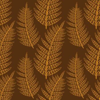 Seamless pattern with stylized golden fern leaves on a dark brown background, creating a sophisticated and elegant autumnal design. vector